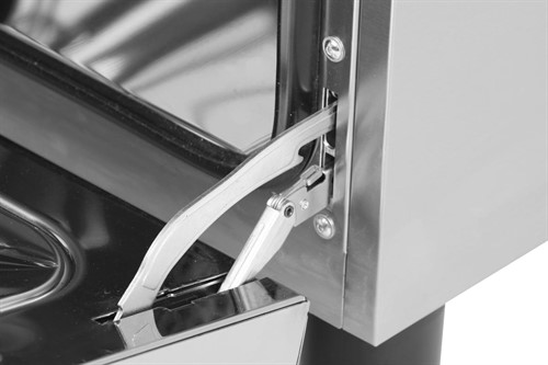 Detaljbild på gångjärnet i varmluftsugnen